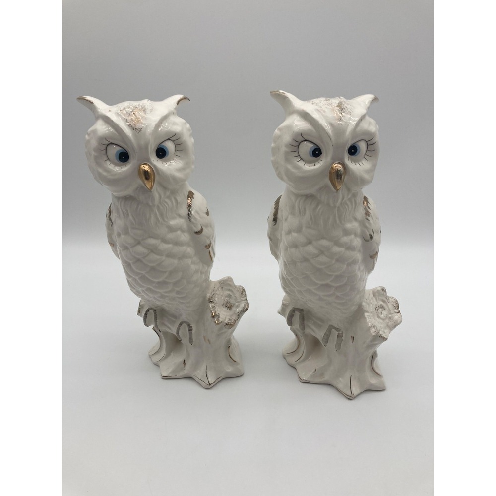 Vintage White Ceramic Owl Statues Pair Gold Trim Blue Eyes Ries Japan Figurines